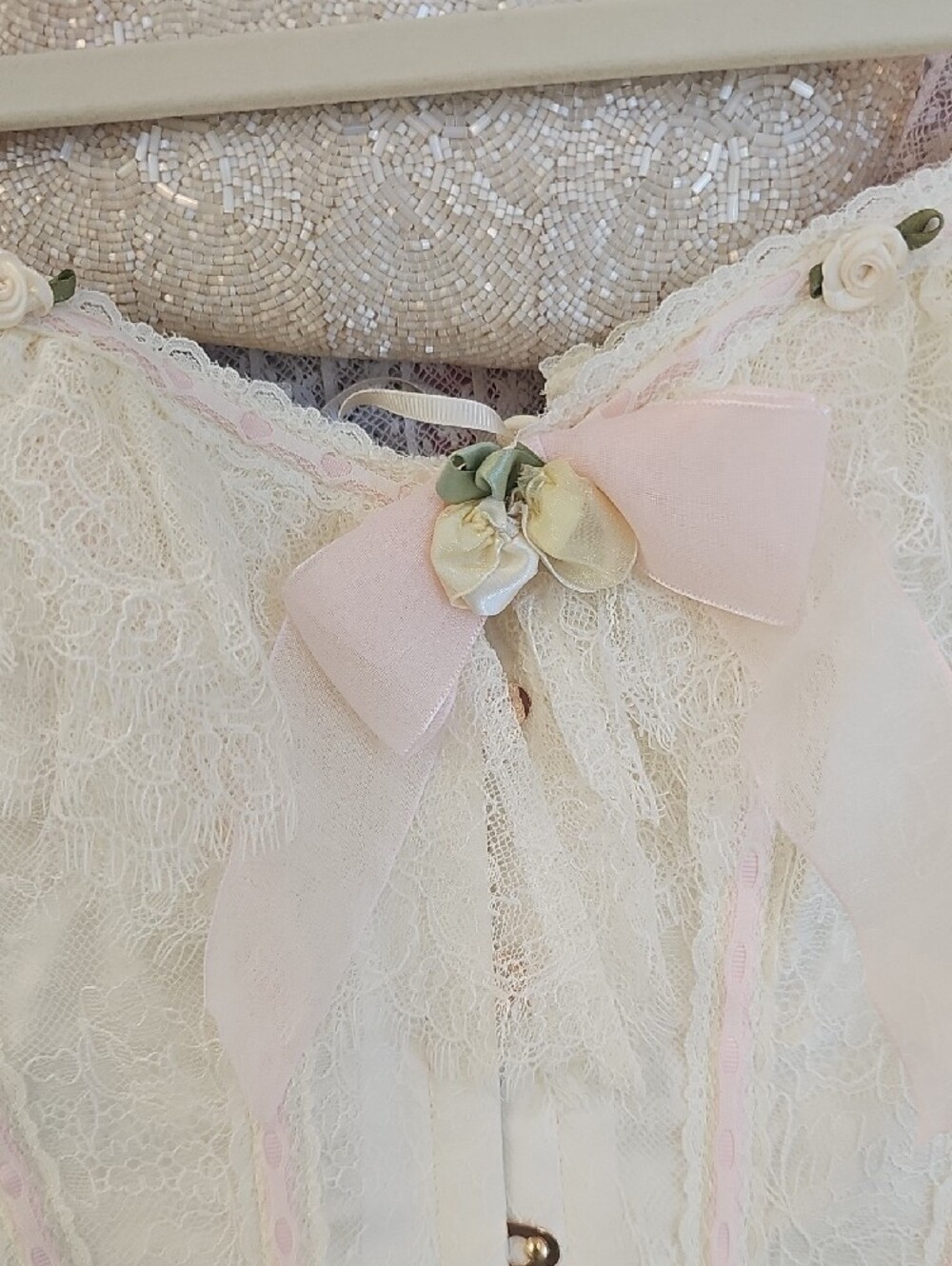 Lace Off-Shoulder Corset Top in White and Pale Pink - Picture 10 of 10